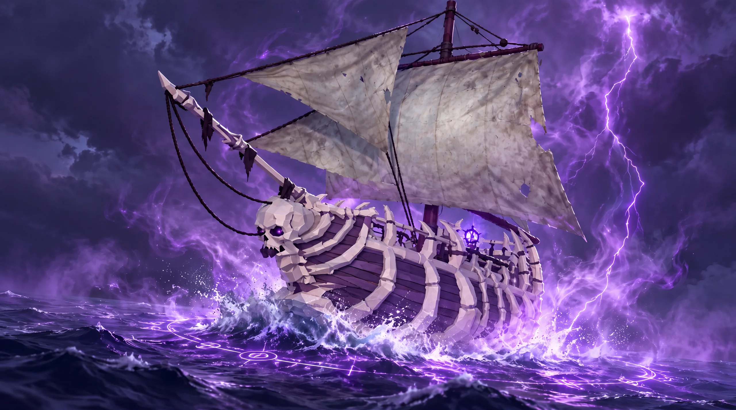 Navio com casco revestido de ossos, uma caveira na proa e velas rasgadas atravessando ondas sob uma tempestade de raios violetas.